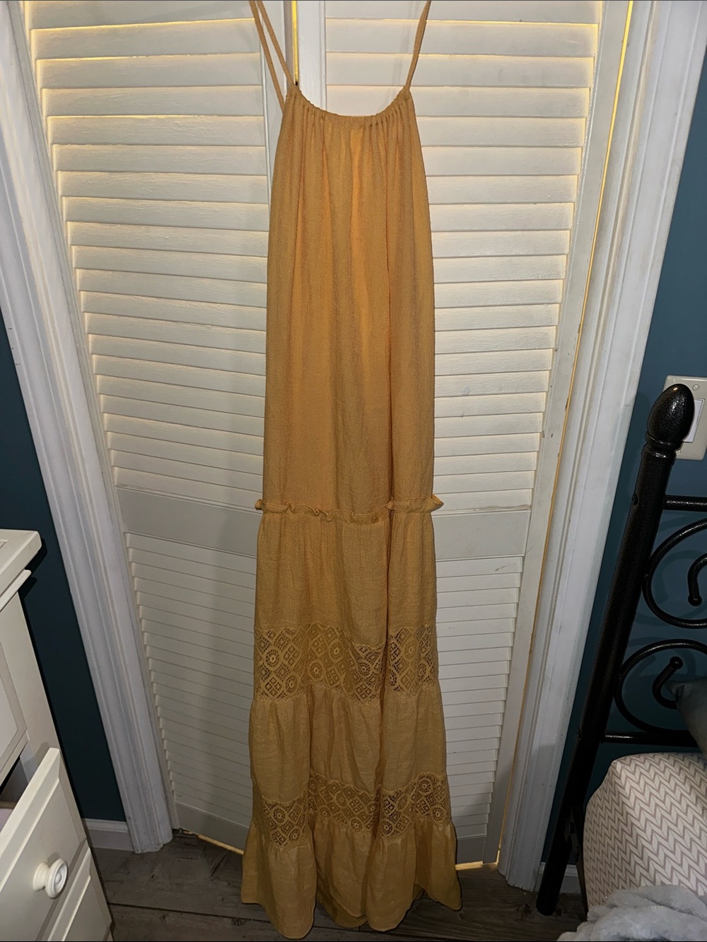 Women's Mustard Tiered Maxi Dress with Lace Insets